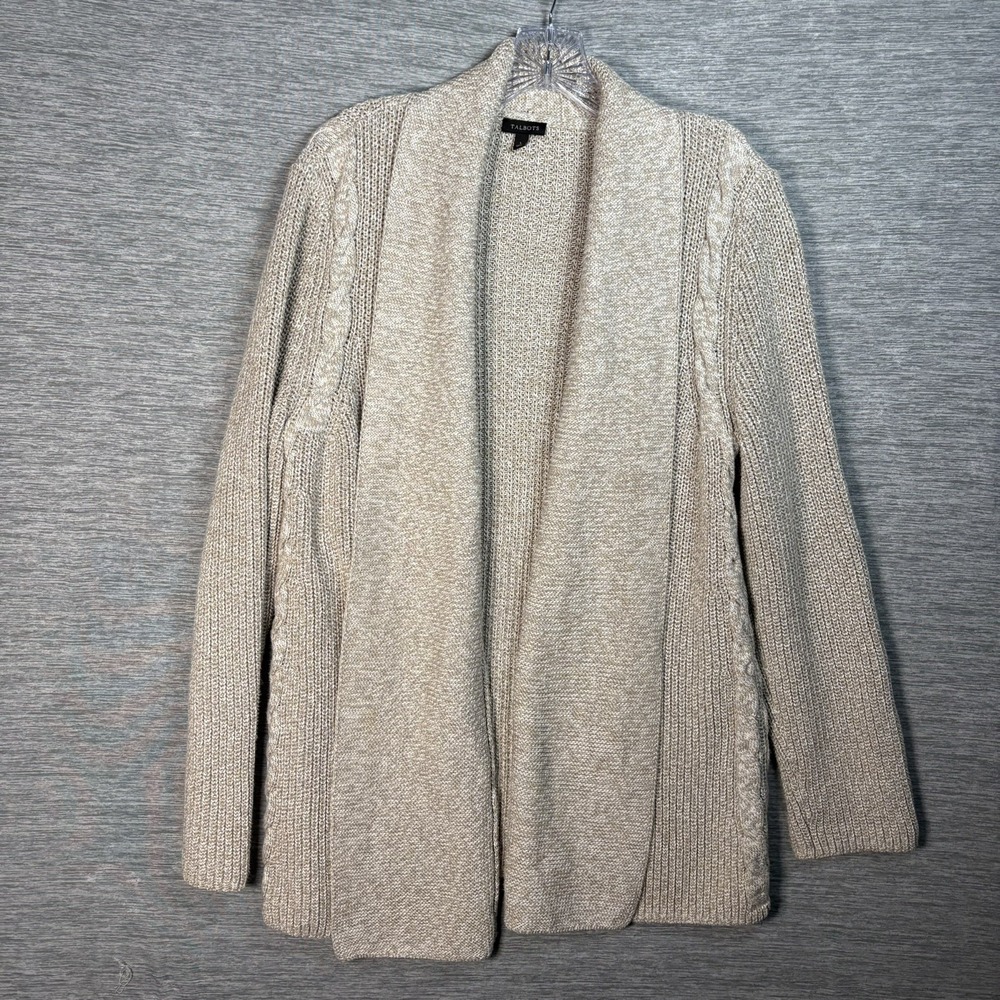 Talbots Oatmeal 100% Cotton Cable Knit Open Front Cardigan Sweater Size L Lagen